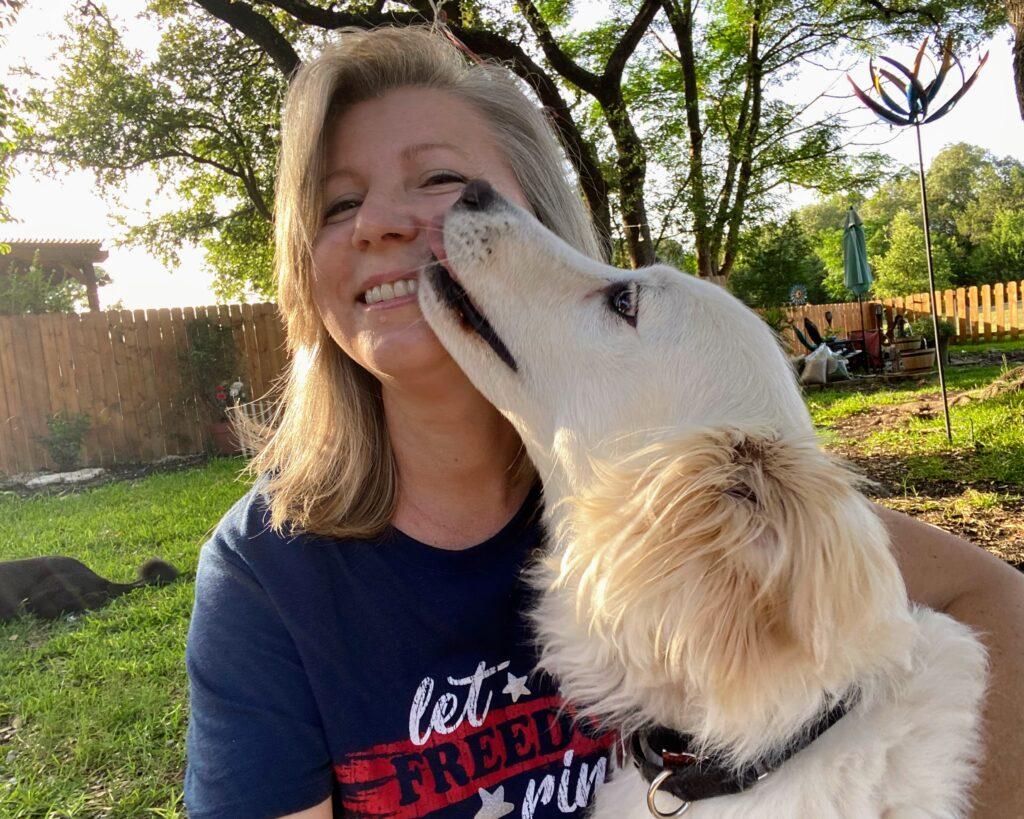 Joanna with beautiful white fluffy dog named Salt